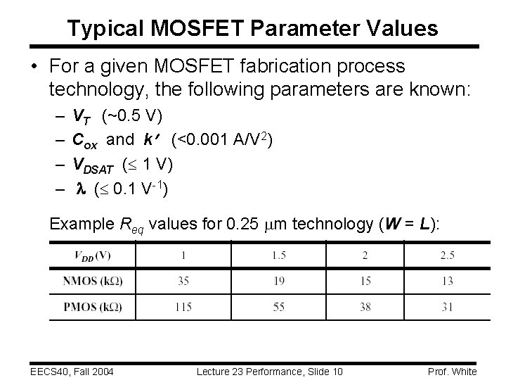 Typical MOSFET Parameter Values • For a given MOSFET fabrication process technology, the following