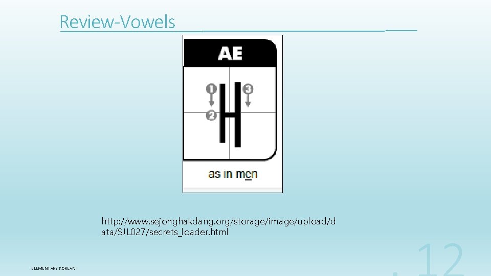 Review-Vowels http: //www. sejonghakdang. org/storage/image/upload/d ata/SJL 027/secrets_loader. html ELEMENTARY KOREAN I 