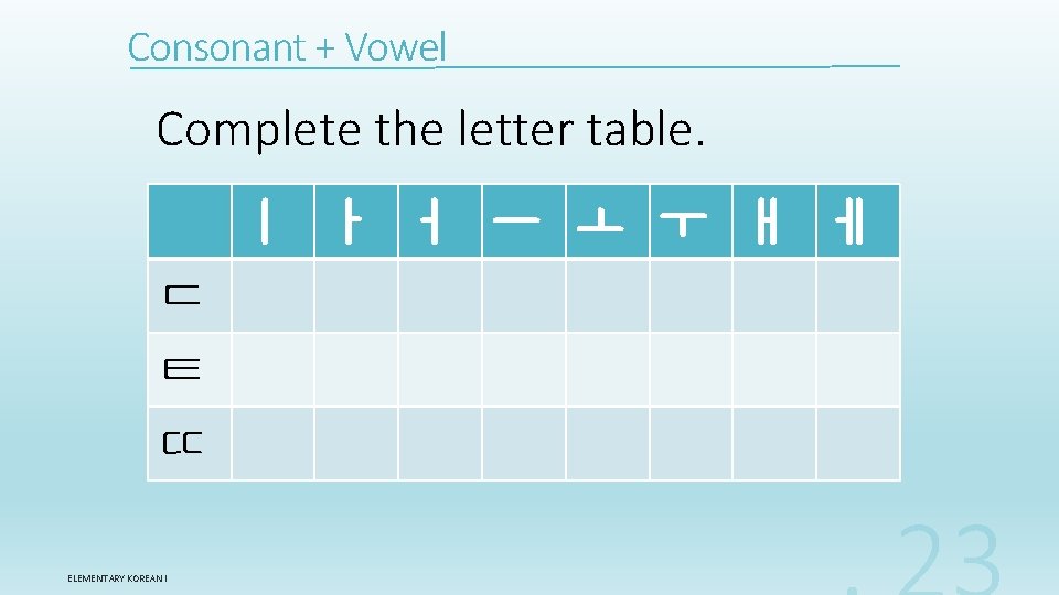 Consonant + Vowel Complete the letter table. ㅣ ㅏ ㅓ ㅡ ㅗ ㅜ ㅐ