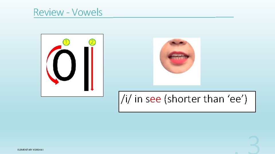 Review - Vowels /i/ in see (shorter than ‘ee’) ELEMENTARY KOREAN I 