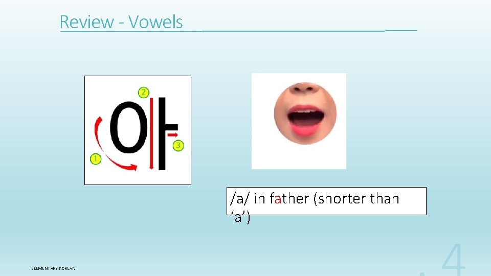 Review - Vowels /a/ in father (shorter than ‘a’) ELEMENTARY KOREAN I 
