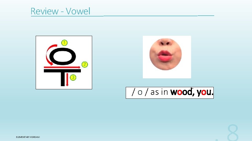 Review - Vowel / o / as in wood, you. ELEMENTARY KOREAN I 