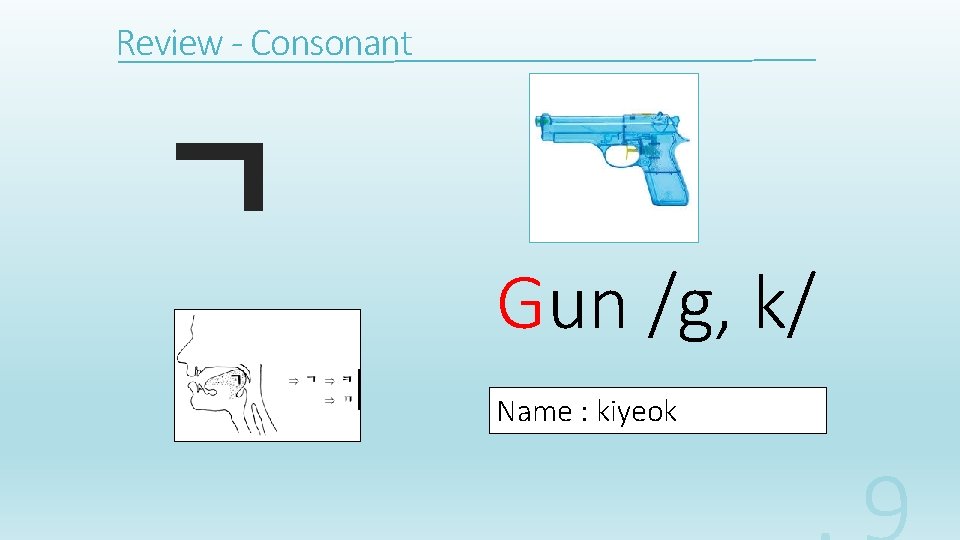 Review - Consonant ㄱ Gun /g, k/ Name : kiyeok 