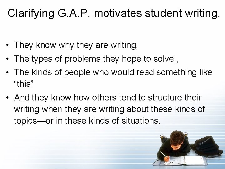 Clarifying G. A. P. motivates student writing. • They know why they are writing,