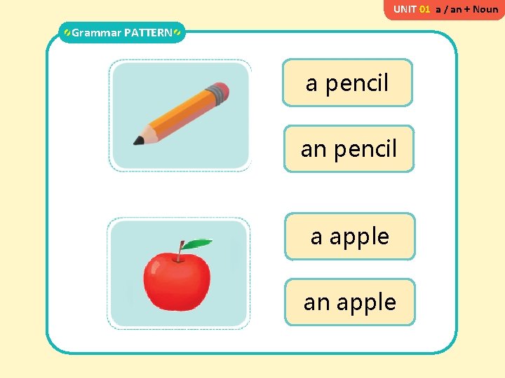 UNIT 01 a / an + Noun Grammar PATTERN a pencil an pencil a