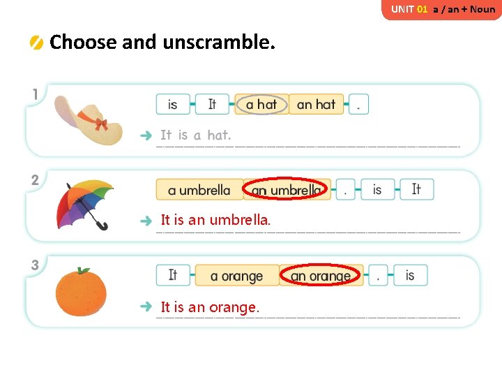 UNIT 01 a / an + Noun Choose and unscramble. It is an umbrella.