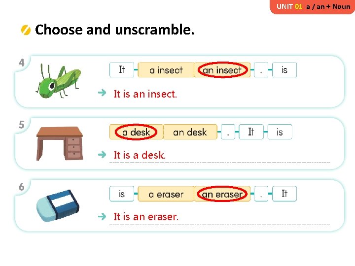 UNIT 01 a / an + Noun Choose and unscramble. It is an insect.