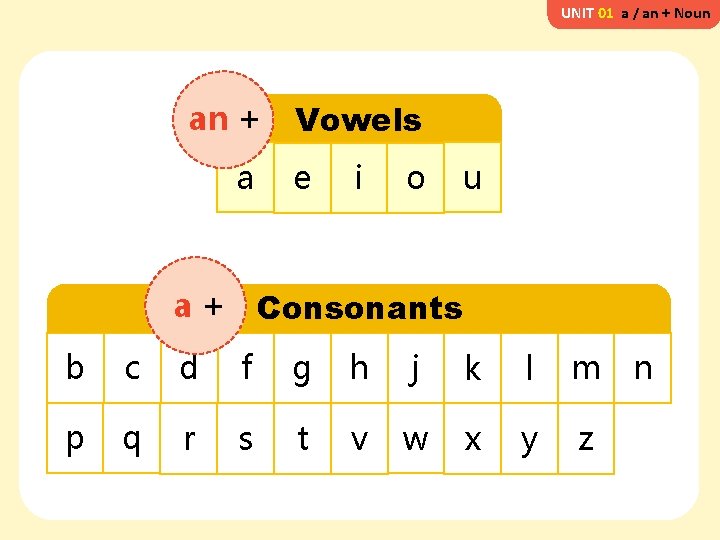 UNIT 01 a / an + Noun an + a Vowels e i o