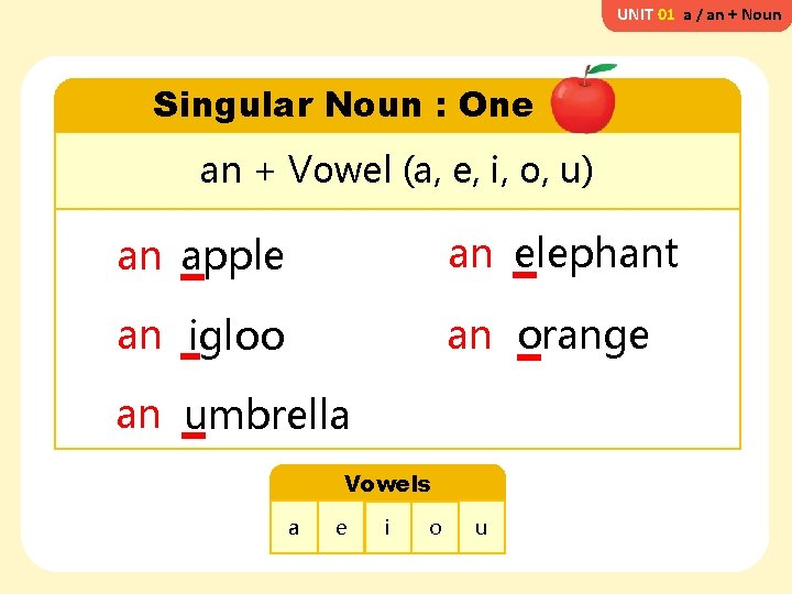 UNIT 01 a / an + Noun Singular Noun : One an + Vowel