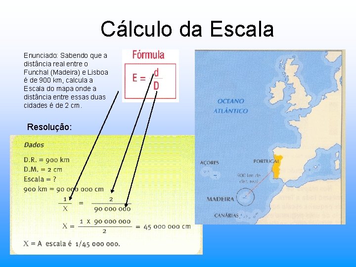 Cálculo da Escala Enunciado: Sabendo que a distância real entre o Funchal (Madeira) e