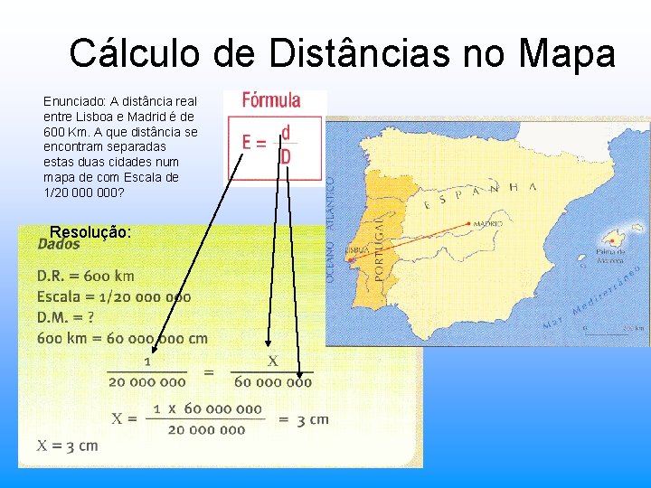 Cálculo de Distâncias no Mapa Enunciado: A distância real entre Lisboa e Madrid é