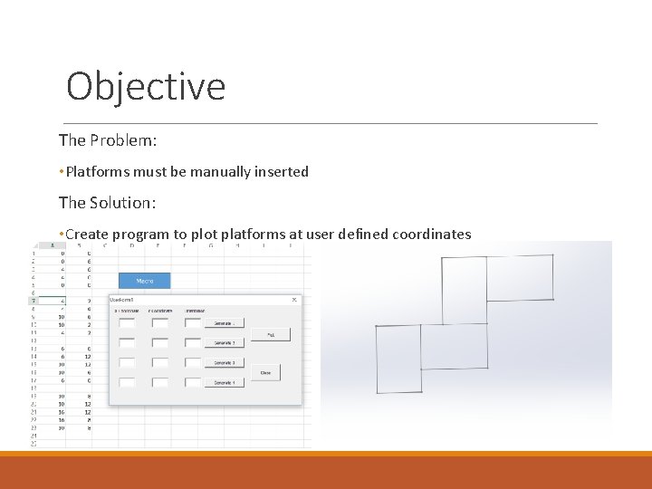 Objective The Problem: • Platforms must be manually inserted The Solution: • Create program