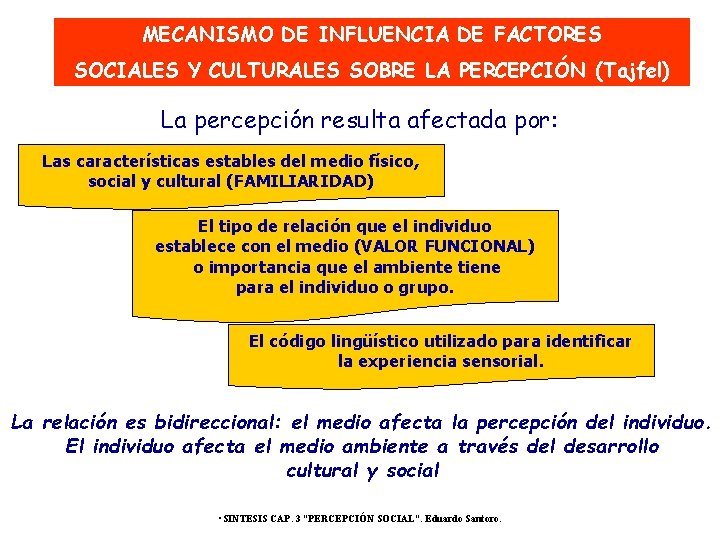 MECANISMO DE INFLUENCIA DE FACTORES SOCIALES Y CULTURALES SOBRE LA PERCEPCIÓN (Tajfel) La percepción MECANISMO DE INFLUENCIA DE FACTORES SOCIALES Y CULTURALES SOBRE LA PERCEPCIÓN (Tajfel) La percepción