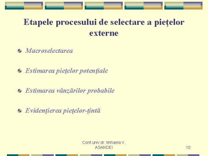 Etapele procesului de selectare a pieţelor externe Macroselectarea Estimarea pieţelor potenţiale Estimarea vânzărilor probabile