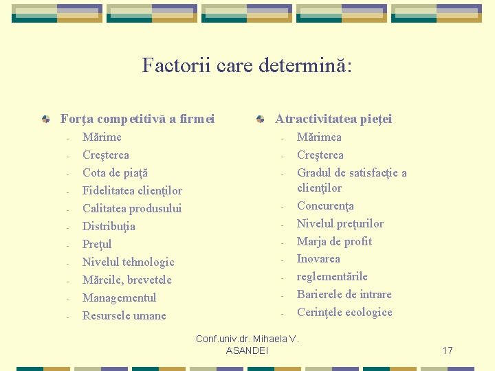 Factorii care determină: Forţa competitivă a firmei - Mărime Creşterea Cota de piaţă Fidelitatea