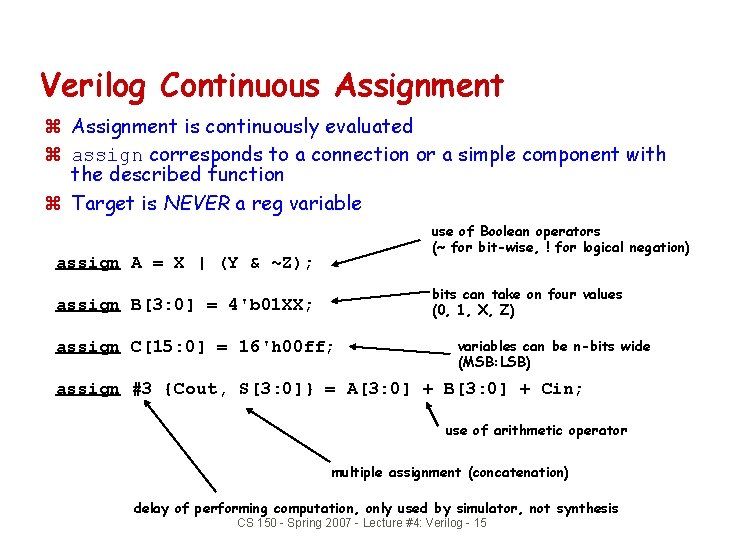 Verilog Continuous Assignment z Assignment is continuously evaluated z assign corresponds to a connection
