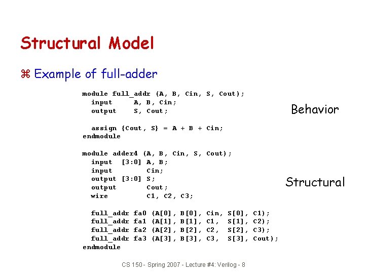 Structural Model z Example of full-adder module full_addr (A, B, Cin, S, Cout); input