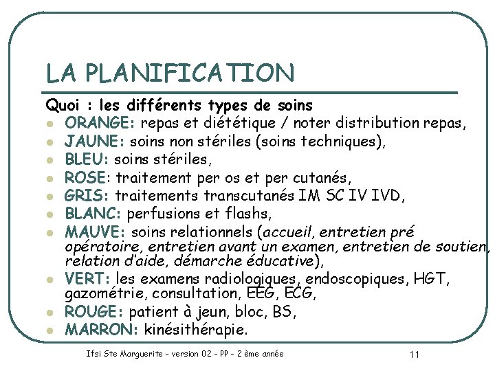 LA PLANIFICATION Quoi : les différents types de soins l ORANGE: repas et diététique