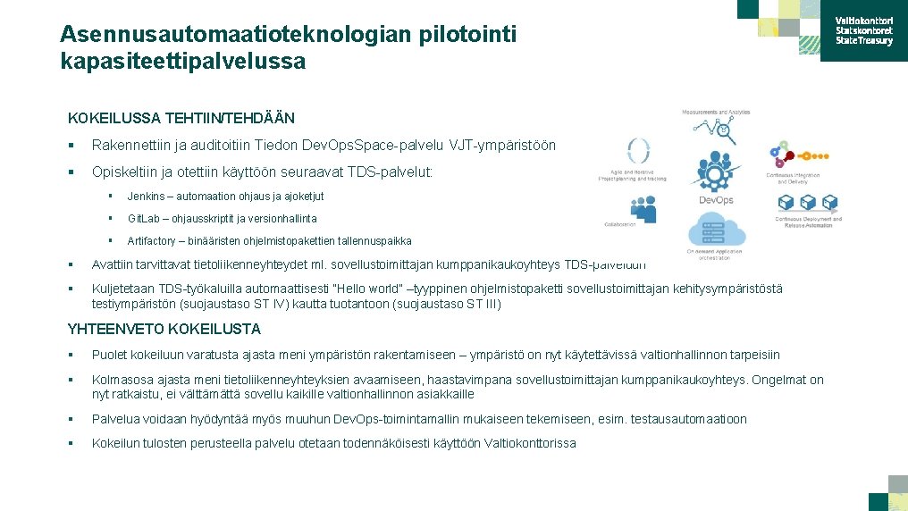 Asennusautomaatioteknologian pilotointi kapasiteettipalvelussa KOKEILUSSA TEHTIIN/TEHDÄÄN § Rakennettiin ja auditoitiin Tiedon Dev. Ops. Space-palvelu VJT-ympäristöön