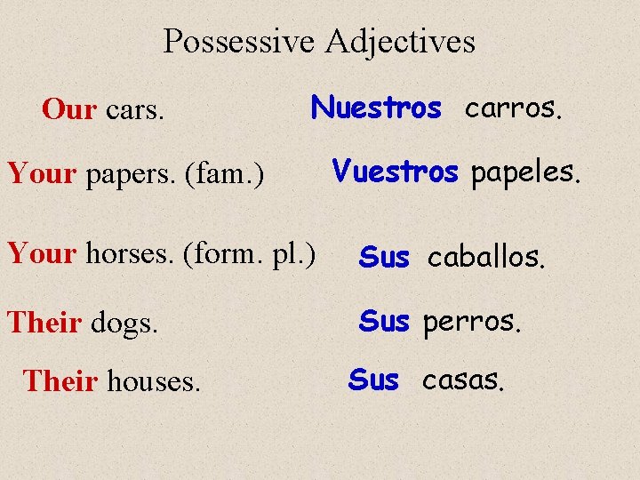 Possessive Adjectives Our cars. Nuestros carros. Your papers. (fam. ) Vuestros papeles. Your horses.