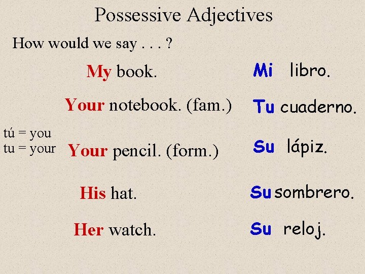 Possessive Adjectives How would we say. . . ? My book. tú = you