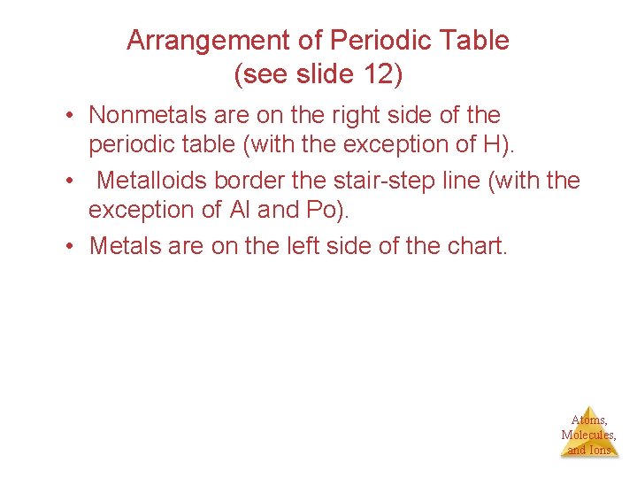 Arrangement of Periodic Table (see slide 12) • Nonmetals are on the right side