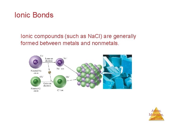 Ionic Bonds Ionic compounds (such as Na. Cl) are generally formed between metals and