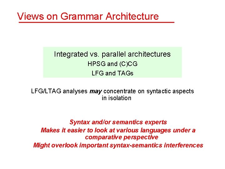 Views on Grammar Architecture Integrated vs. parallel architectures HPSG and (C)CG LFG and TAGs