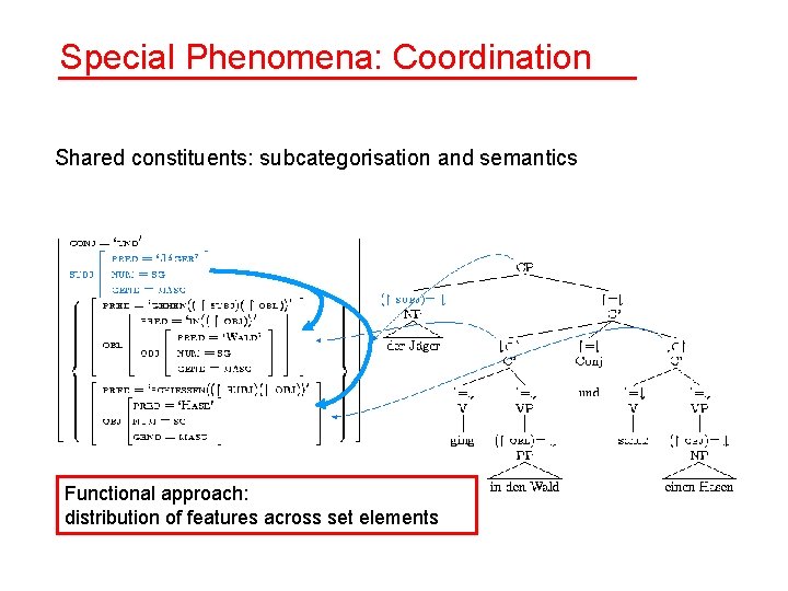 Special Phenomena: Coordination Shared constituents: subcategorisation and semantics Functional approach: distribution of features across