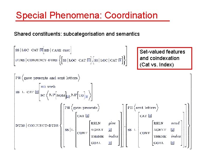 Special Phenomena: Coordination Shared constituents: subcategorisation and semantics Set-valued features and coindexation (Cat vs.