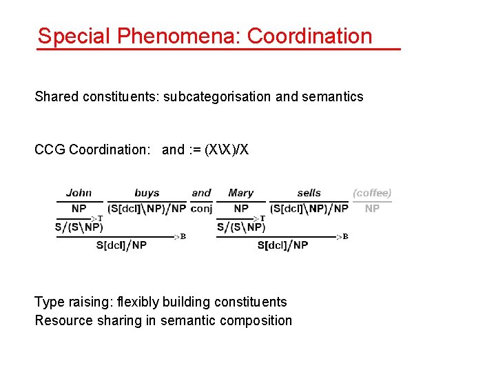 Special Phenomena: Coordination Shared constituents: subcategorisation and semantics CCG Coordination: and : = (XX)/X