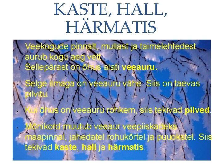 KASTE, HALL, HÄRMATIS • • Veekogude pinnalt, mullast ja taimelehtedest aurub kogu aeg vett.