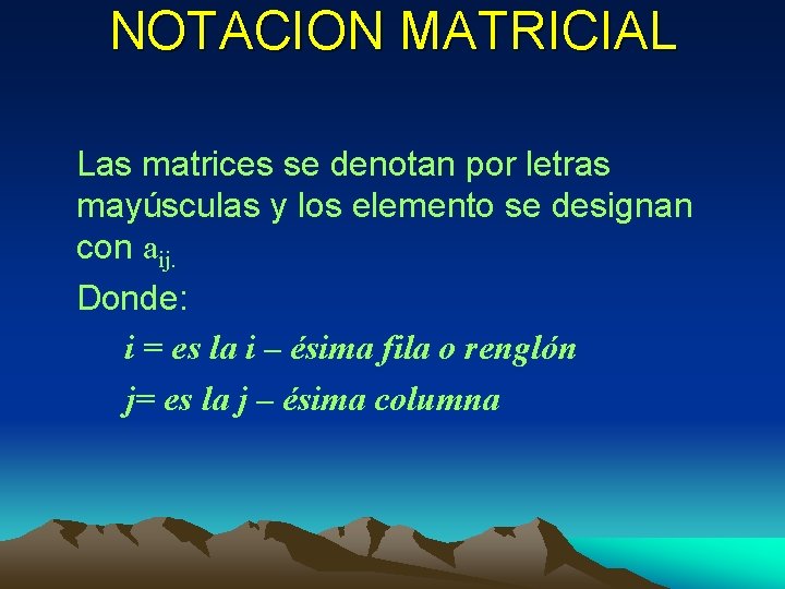 NOTACION MATRICIAL Las matrices se denotan por letras mayúsculas y los elemento se designan