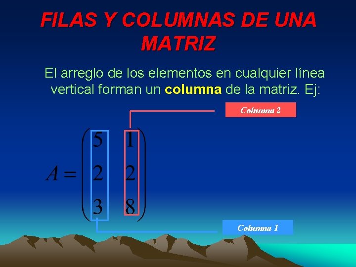 FILAS Y COLUMNAS DE UNA MATRIZ El arreglo de los elementos en cualquier línea