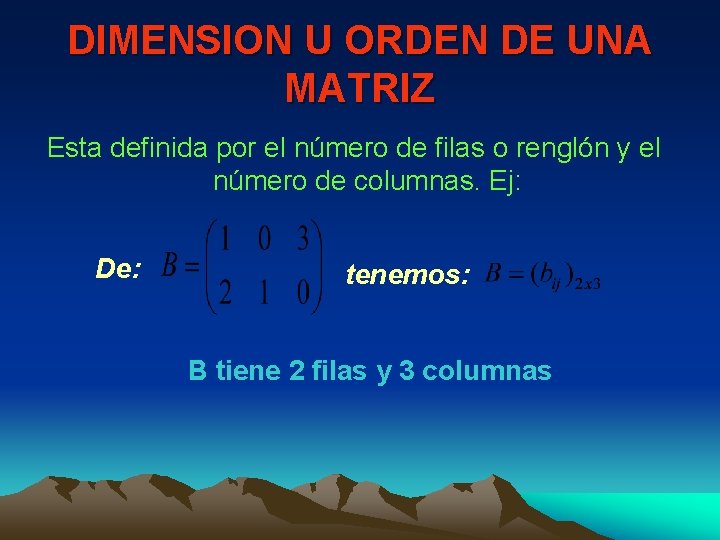 DIMENSION U ORDEN DE UNA MATRIZ Esta definida por el número de filas o