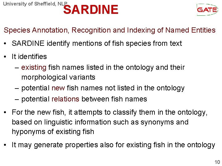 University of Sheffield, NLP SARDINE Species Annotation, Recognition and Indexing of Named Entities •