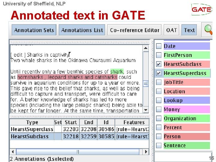 University of Sheffield, NLP Annotated text in GATE 16 University of Sheffield, NLP Annotated text in GATE 16