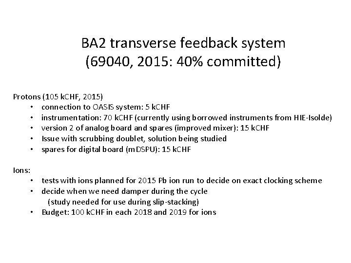 BA 2 transverse feedback system (69040, 2015: 40% committed) Protons (105 k. CHF, 2015)