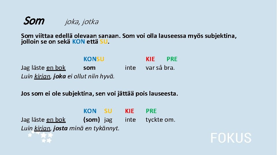 Som joka, jotka Som viittaa edellä olevaan sanaan. Som voi olla lauseessa myös subjektina,