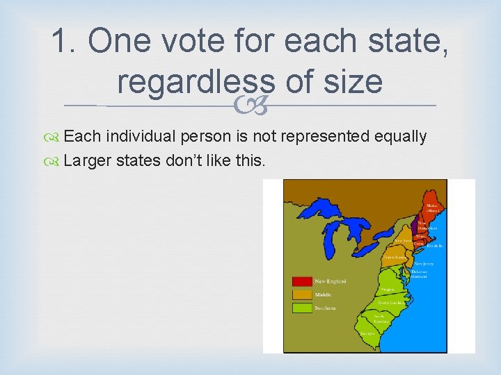 1. One vote for each state, regardless of size Each individual person is not