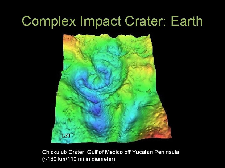 Complex Impact Crater: Earth Chicxulub Crater, Gulf of Mexico off Yucatan Peninsula (~180 km/110