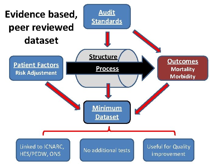 Evidence based, peer reviewed dataset Patient Factors Risk Adjustment Audit Standards Structure Process Outcomes Evidence based, peer reviewed dataset Patient Factors Risk Adjustment Audit Standards Structure Process Outcomes