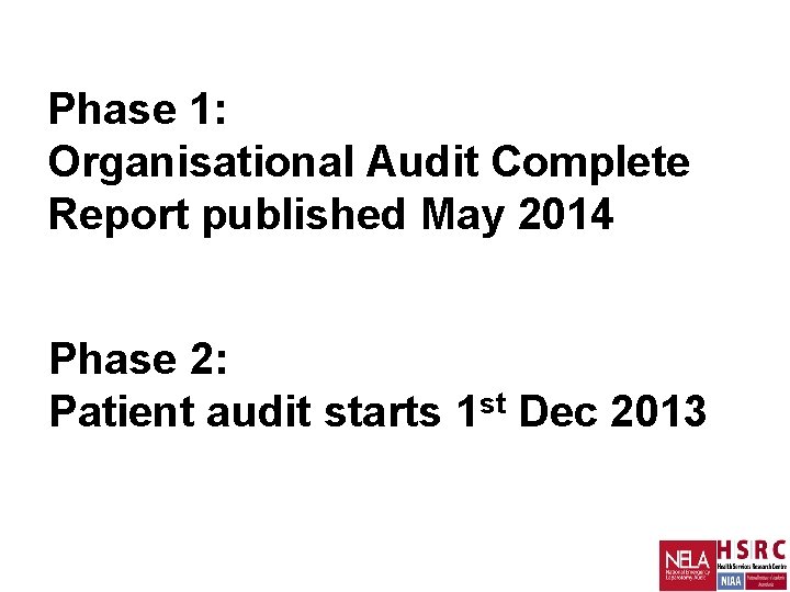 Phase 1: Organisational Audit Complete Report published May 2014 Phase 2: Patient audit starts Phase 1: Organisational Audit Complete Report published May 2014 Phase 2: Patient audit starts