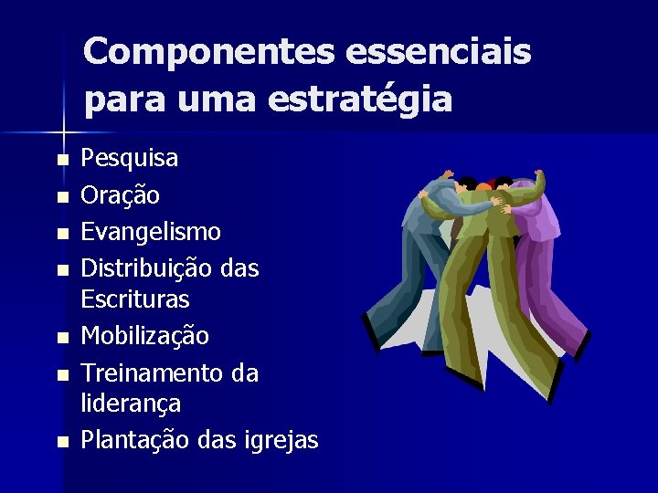 Componentes essenciais para uma estratégia n n n n Pesquisa Oração Evangelismo Distribuição das