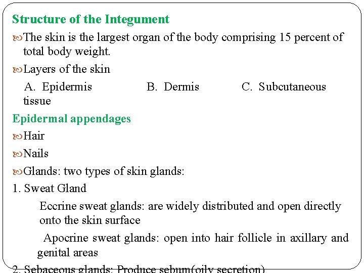 Structure of the Integument The skin is the largest organ of the body comprising