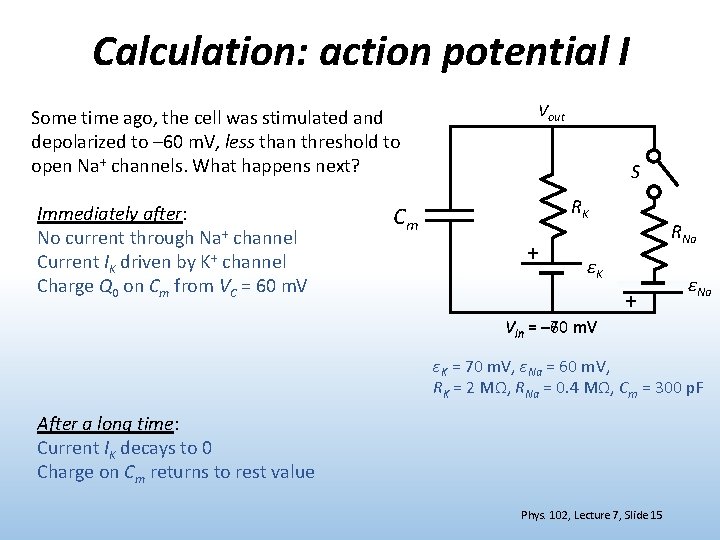 Calculation: action potential I Some time ago, the cell was stimulated and depolarized to