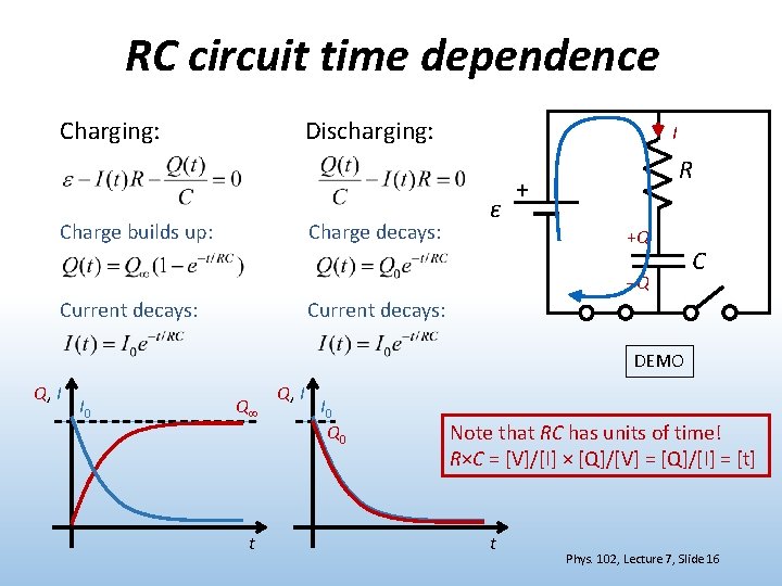 RC circuit time dependence Charging: Discharging: Charge builds up: Charge decays: I ε R