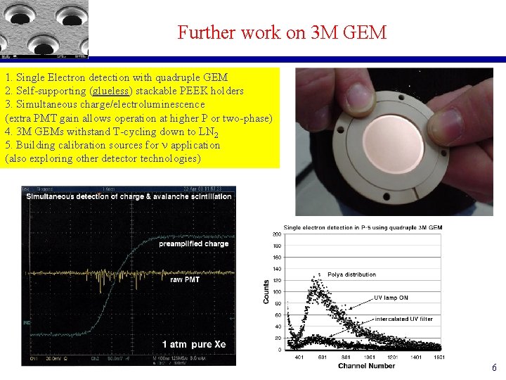 Further work on 3 M GEM 1. Single Electron detection with quadruple GEM 2.