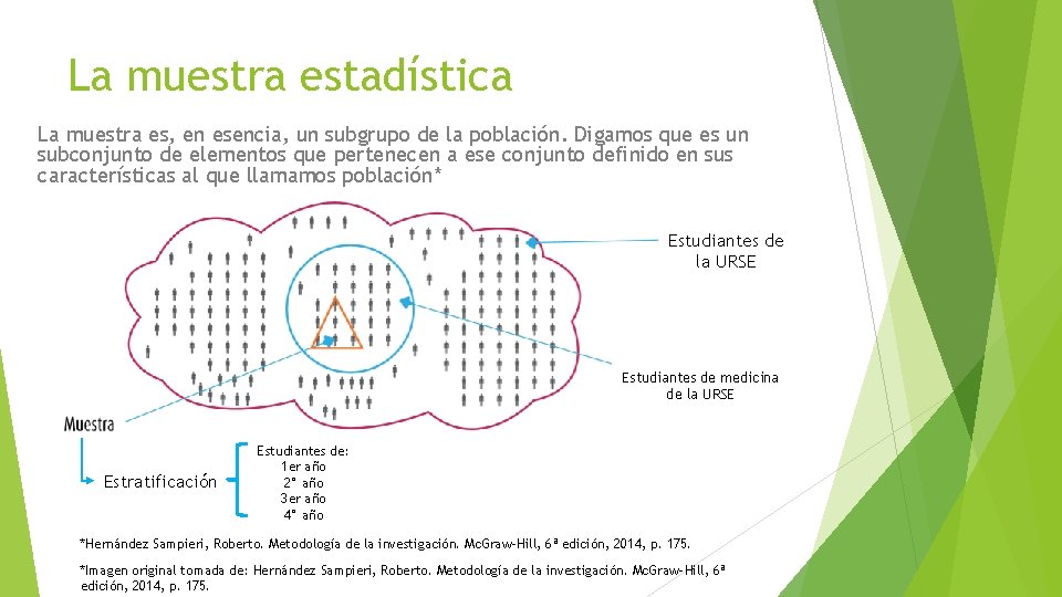 La muestra estadística La muestra es, en esencia, un subgrupo de la población. Digamos