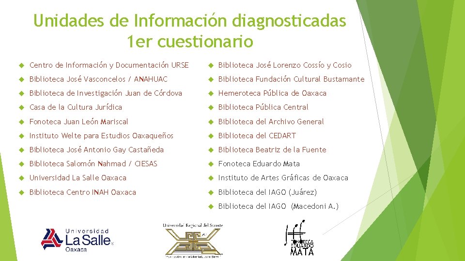 Unidades de Información diagnosticadas 1 er cuestionario Centro de Información y Documentación URSE Biblioteca